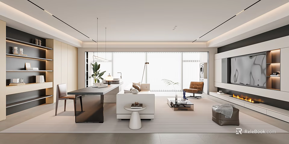 Modern Living Room Interior Design With Large Windows Sofa Coffee Table And Fireplace 3d model