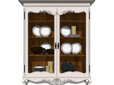Elegant Sideboard With Glass Doors And Carved Details Displaying Dishes Bowls And Cups 3d model
