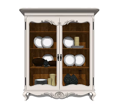 Elegant Sideboard With Glass Doors And Carved Details Displaying Dishes Bowls And Cups 3d model