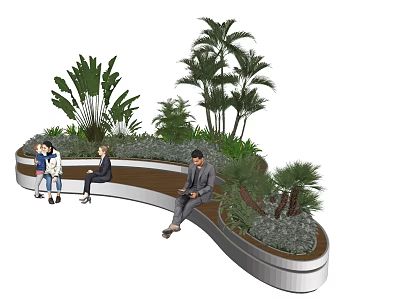 Curved Outdoor Bench Surrounded By Green Plants With People Relaxing 3d model