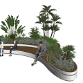 Curved Outdoor Bench Surrounded By Green Plants With People Relaxing