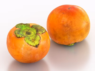Two Ripe Fresh Orange Persimmons With Green Leaves On White Background 3d model Two Ripe Fresh Orange Persimmons With Green Leaves On White Background 3d model