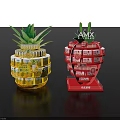 Pineapple Shaped Beverage Display Racks With Yellow And Red Stacked Cans And AMX Logo