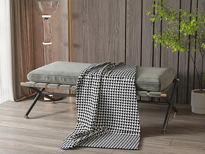 Padded Grey Ottoman Bench With Black And White Checkered Blanket And Metal Legs 3d model