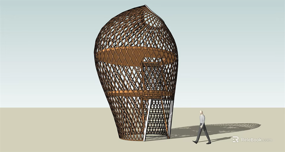 Modern Wooden Tower With Intricate Lattice Design And Main Entrance Structure 3d model 