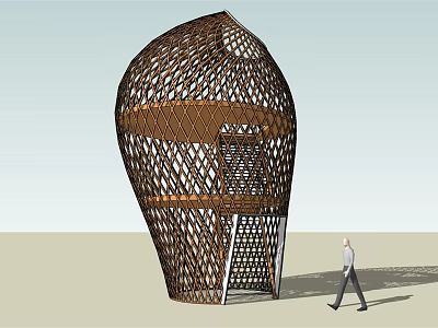 Modern Wooden Tower With Intricate Lattice Design And Main Entrance Structure 3d model