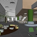 Book Art Reading Space with Green Pillars Wooden Elements and Large Windows in Modern Design
