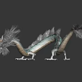 3D Mythical Dragon Sculpture With Blue White Scales Long Tail And Black Background Reflection