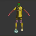 Man In Yellow And Black Football Jersey Standing With Outstretched Arms And Soccer Ball