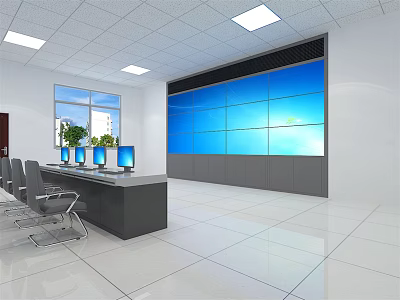 Modern Security Control Room With Large Video Wall Computer Monitors Desks And Chairs 3d model