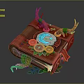 Enchanting Red Book with Glowing Blue Center Decorative Leaves Red Berries and Horn Like Structures