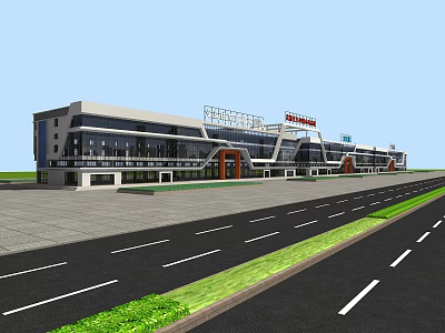 Modern Office Building Exterior With Glass Curtain Wall And Road Front Design 3d model