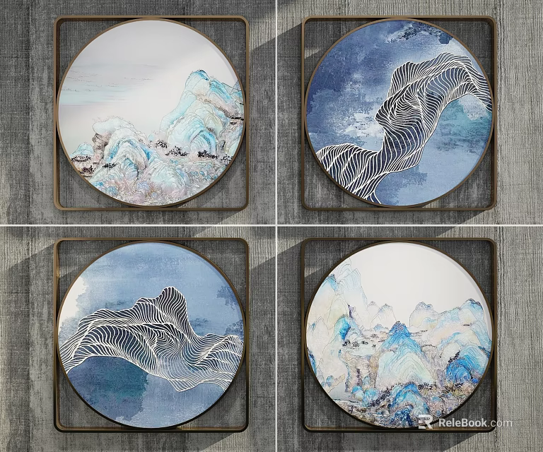 Circular Abstract Paintings In Landscape Style With Blue White Gray Tones And Abstract Lines Framed 3d model 