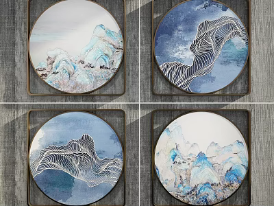 Circular Abstract Paintings In Landscape Style With Blue White Gray Tones And Abstract Lines Framed 3d model