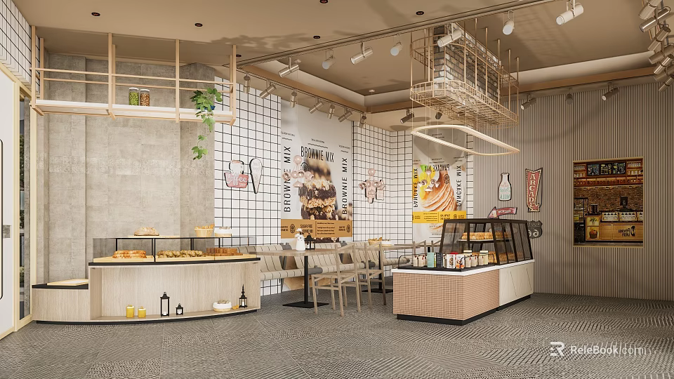 Modern Dessert Shop Interior Design With Display Cases Pastries Tables Chairs And Plants 3d model 