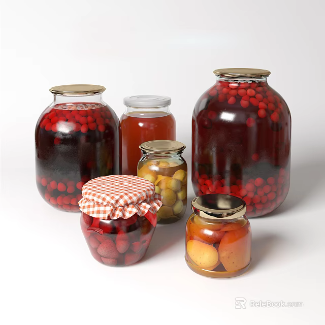 Preserved Fruits In Glass Jars Of Various Sizes With Colorful Lids 3d model 