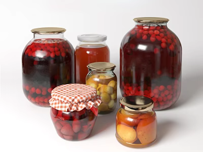 Preserved Fruits In Glass Jars Of Various Sizes With Colorful Lids 3d model