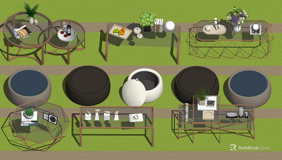 Modern Coffee Tables With Various Designs Round Shapes And Decorative Plants 3d model 
