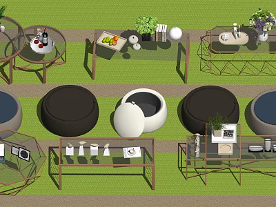 Modern Coffee Tables With Various Designs Round Shapes And Decorative Plants 3d model