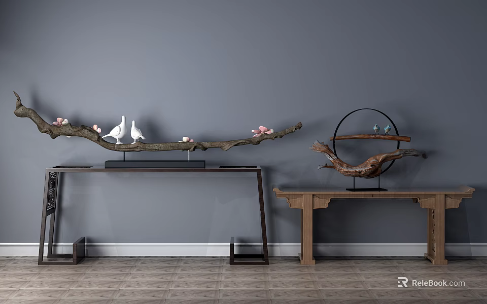 Elegant Console Tables With Black Metal Frame Wooden Structure Branch Decor White Birds Pink Flowers 3d model 