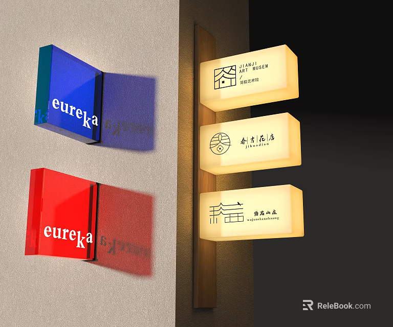 Roadside Facilities Featuring Colorful Eureka Signs And Illuminated Light Boxes With Text 3d model 