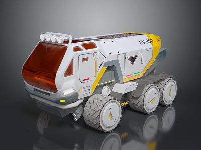 Futuristic Six Wheeled Rover With RV90 Logo Yellow White Roof Lights For Off Road Exploration 3d model
