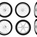 Bicycle Tires with Various Wheel Designs Including Spoke and Solid Patterns 3d model