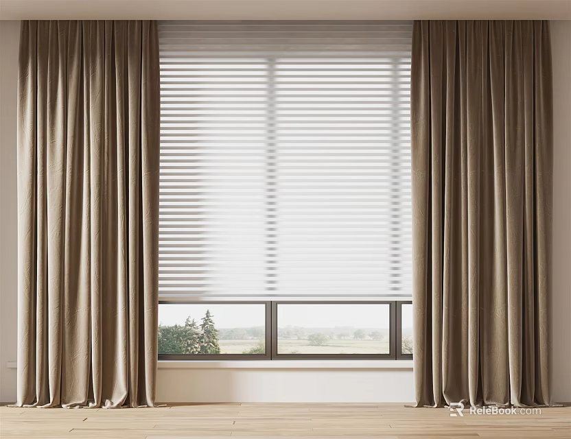 Beige Velvet Curtains With White Blinds For Window In Bright Interior 3d model 