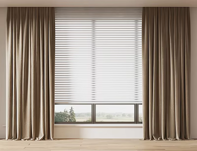Beige Velvet Curtains With White Blinds For Window In Bright Interior 3d model