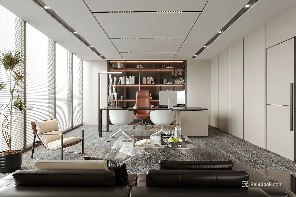 Modern Office Interior With Open Layout Large Windows Bookshelf Sofa Desk And Chair 3d model 