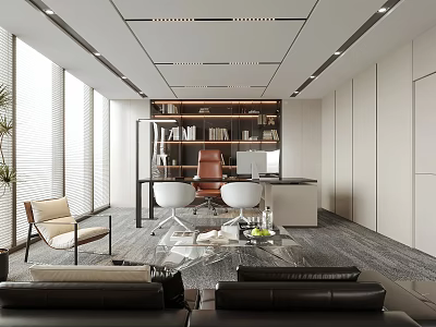 Modern Office Interior With Open Layout Large Windows Bookshelf Sofa Desk And Chair 3d model