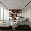 Modern Office Interior With Open Layout Large Windows Bookshelf Sofa Desk And Chair