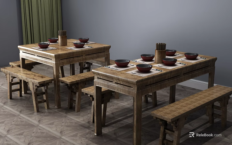 Wooden Dining Table Set with Benches Tableware Bowls Chopstick Holders Green Curtains and Gray Walls 3d model 