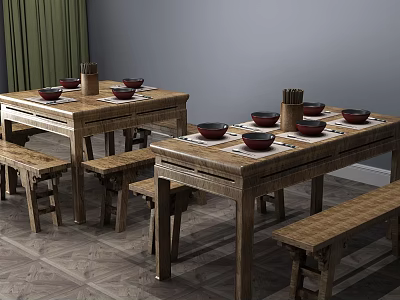 Wooden Dining Table Set with Benches Tableware Bowls Chopstick Holders Green Curtains and Gray Walls 3d model