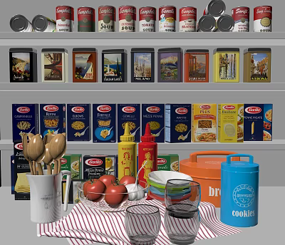Organized Kitchen Pantry With Assorted Food Items Canned Goods Boxed Products Condiments And Fresh Vegetables 3d model