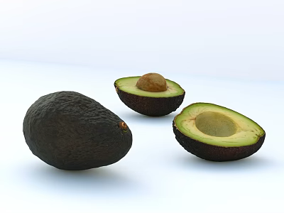 Fresh Whole and Halved Avocado With Pit on White Background 3d model
