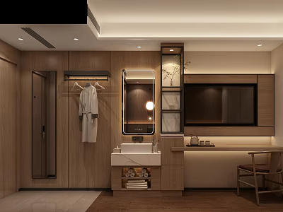 Modern Hotel Guest Room With Wooden Walls Bathrobe Mirror Vanity Desk And Chair 3d model