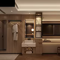 Modern Hotel Guest Room With Wooden Walls Bathrobe Mirror Vanity Desk And Chair