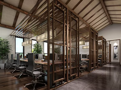 Modern Public Office Space With Wooden Partitions Office Desks Green Plants And Large Windows 3d model