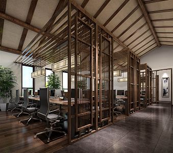 New Chinese-style Public Office Area Club Open Office Area Office Lattice Wooden Shelf 3d model