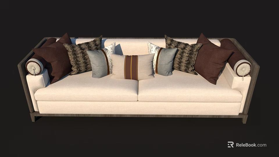 Cream Colored Two Seater Sofa Featuring Multiple Brown Gray Patterned And Solid Cushions 3d model