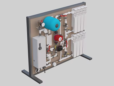 Industrial Equipment Control Panel With Pipes Valves Gauges And Blue Spherical Tank 3d model