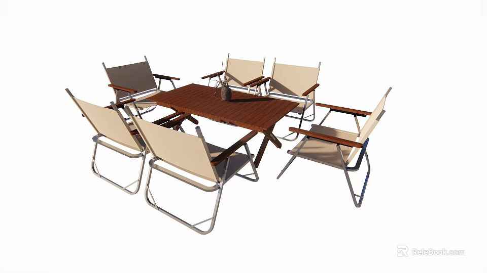 Modern Outdoor Wooden Table Set With Beige Chairs And Metal Frame 3d model 