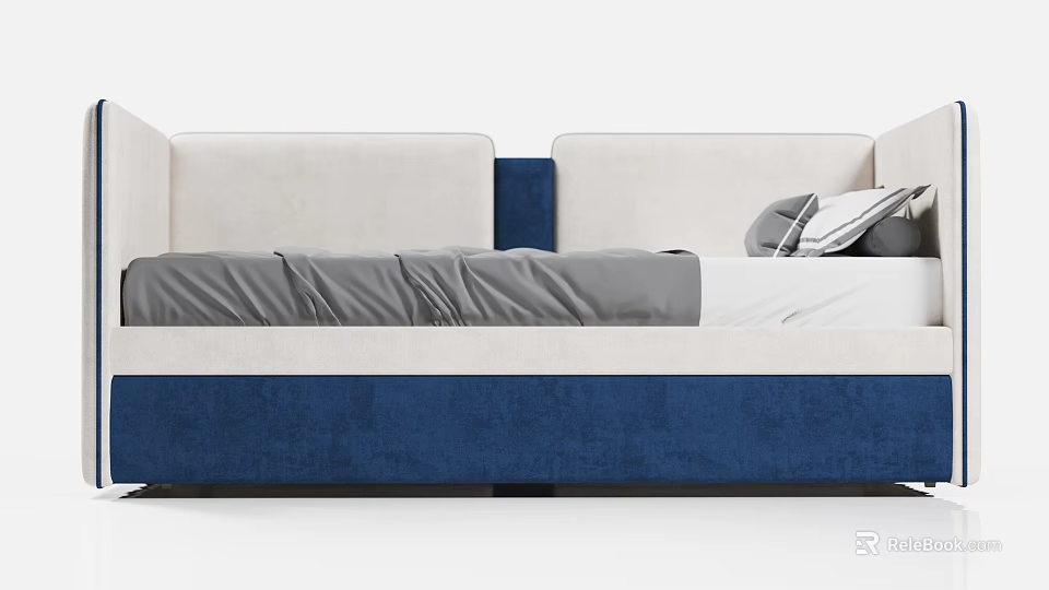 Upholstered Daybed In Blue And White With Gray Linen Throw And Decorative Pillows 3d model 