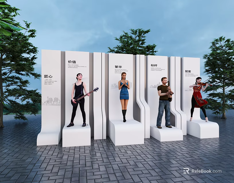 People Performing Music On White Display Stands With Trees And Sky Background 3d model 