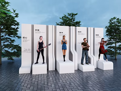 People Performing Music On White Display Stands With Trees And Sky Background 3d model