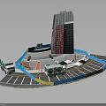 Modern Urban Architecture With High Rise Building Parking Lot And Public Facilities