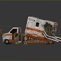 Old Damaged White Ambulance With Orange Stripes And Tools Nearby