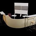 Public Chair Arrangement In Modern Lounge Space With Curved Seating And Stools