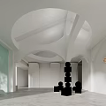 Modern Front Desk Reception Design With Arched Ceiling Wooden Geometric Decor And Green Plant